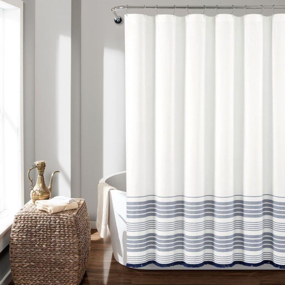 Nantucket Yarn Dyed Cotton Tassel Fringe Shower Curtain White/Navy Single 72x72